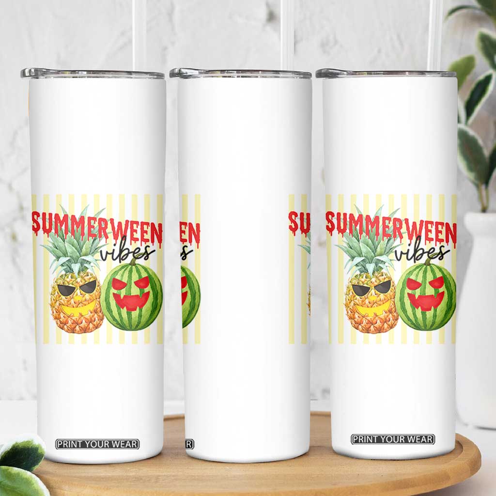Funny Summerween Fruit Skinny Tumbler Spooky Pineapple Watermelon Graphic