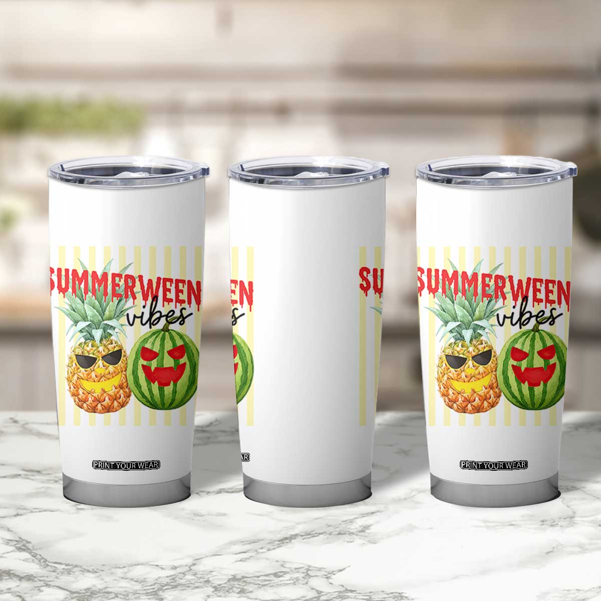 Funny Summerween Fruit Tumbler Cup Spooky Pineapple Watermelon Graphic