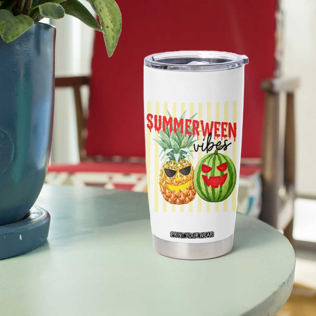 Funny Summerween Fruit Tumbler Cup Spooky Pineapple Watermelon Graphic