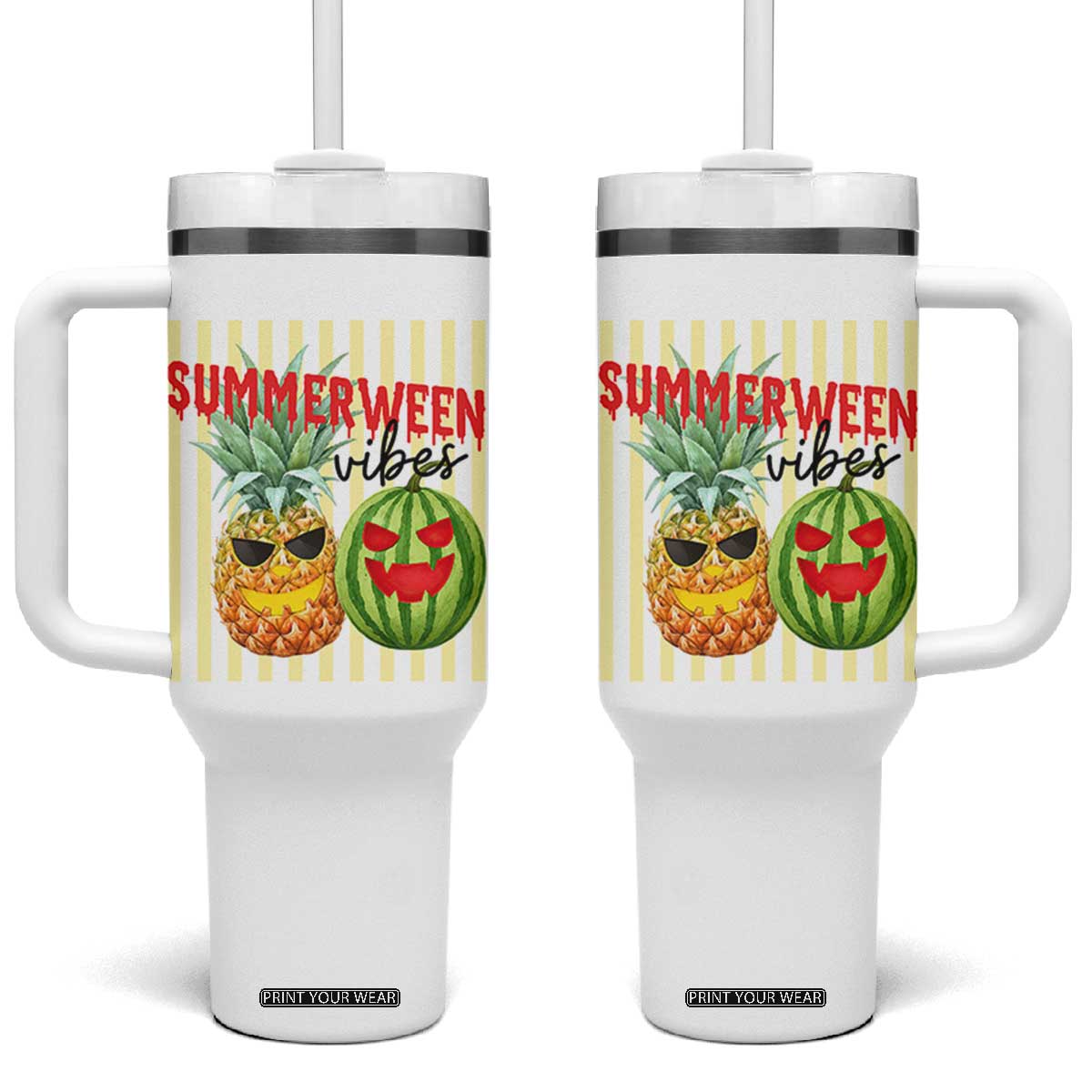 Funny Summerween Fruit Tumbler With Handle Spooky Pineapple Watermelon Graphic