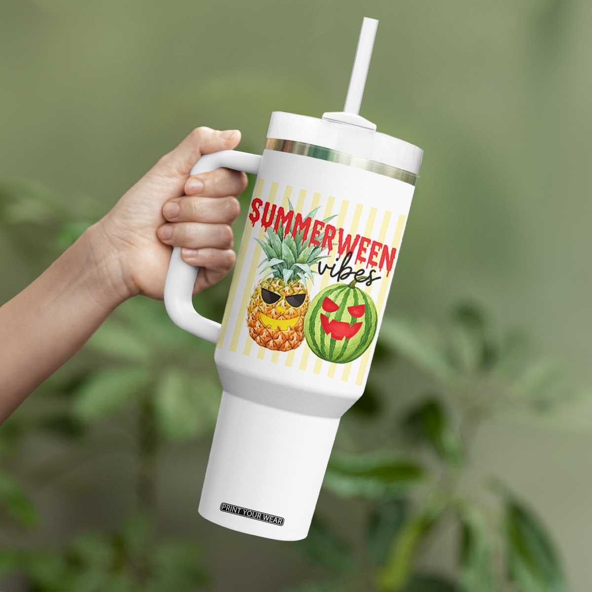 Funny Summerween Fruit Tumbler With Handle Spooky Pineapple Watermelon Graphic