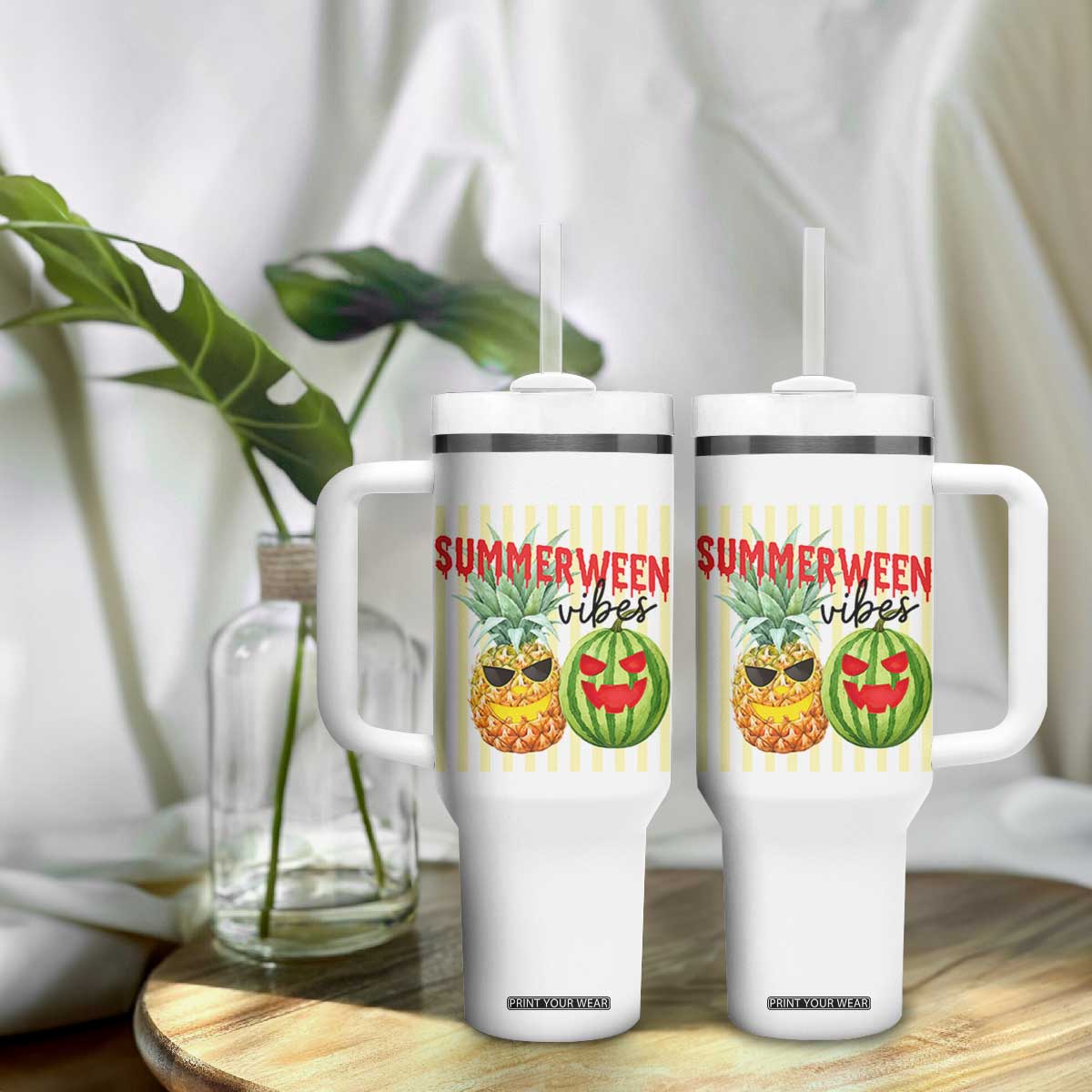 Funny Summerween Fruit Tumbler With Handle Spooky Pineapple Watermelon Graphic