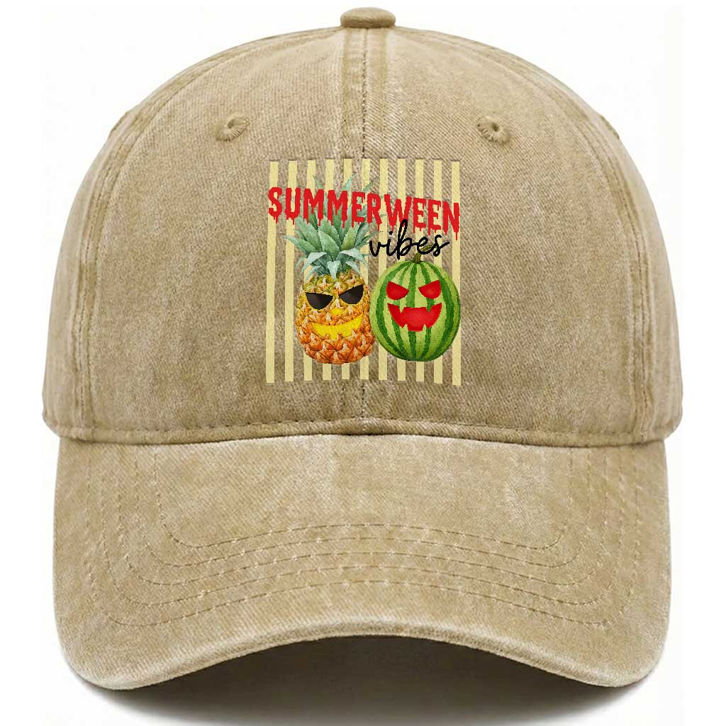 Funny Summerween Fruit Washed Cotton Baseball Cap Spooky Pineapple Watermelon Graphic