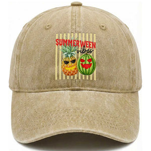 Funny Summerween Fruit Washed Cotton Baseball Cap Spooky Pineapple Watermelon Graphic