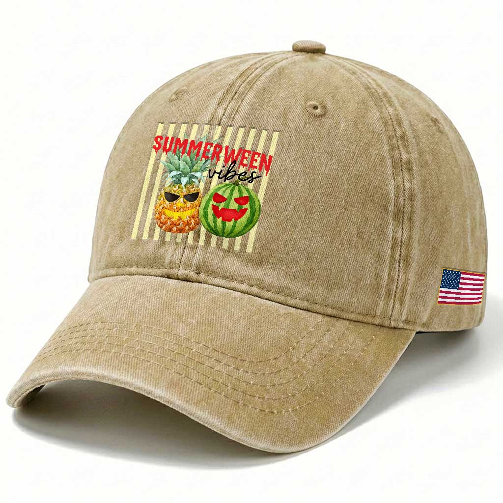Funny Summerween Fruit Washed Cotton Baseball Cap Spooky Pineapple Watermelon Graphic