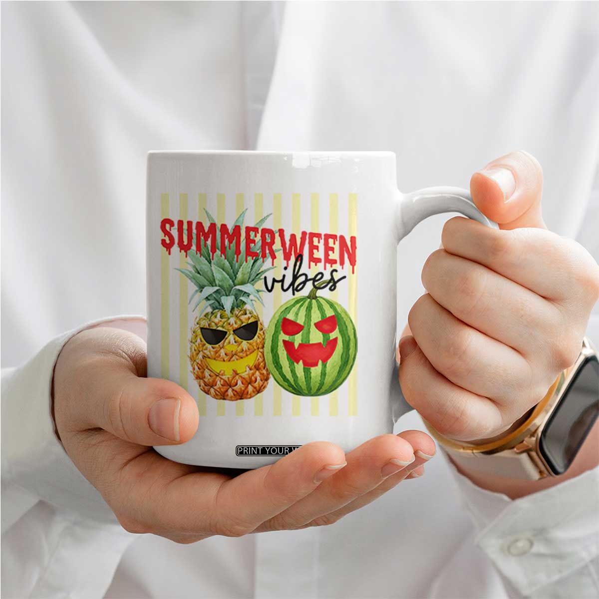 Funny Summerween Fruit Coffee Mug Spooky Pineapple Watermelon Graphic
