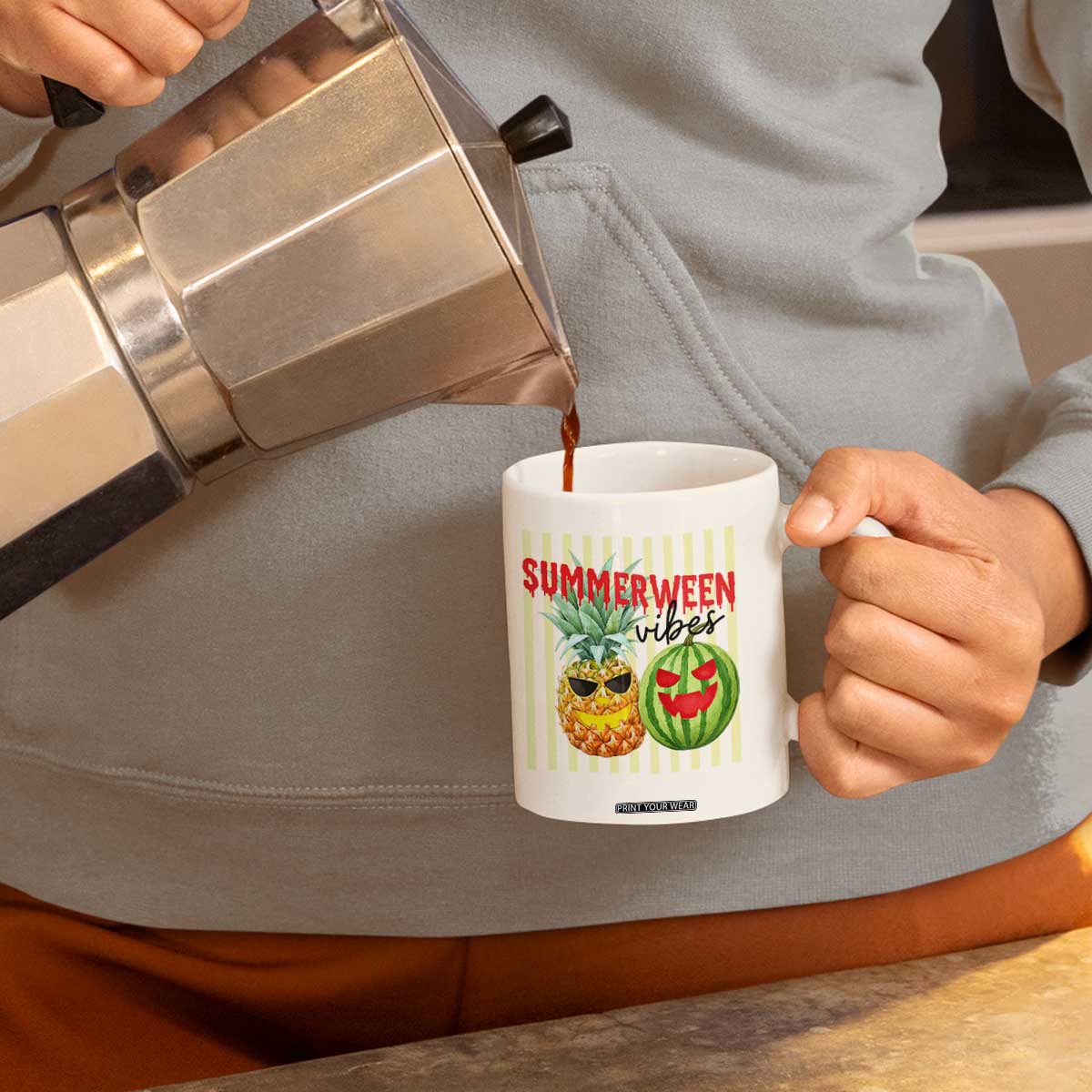 Funny Summerween Fruit Coffee Mug Spooky Pineapple Watermelon Graphic