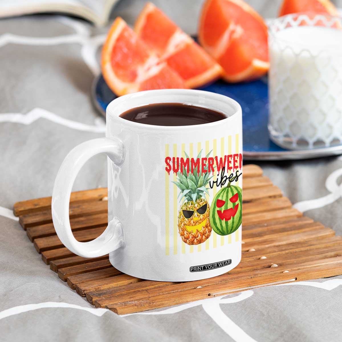 Funny Summerween Fruit Coffee Mug Spooky Pineapple Watermelon Graphic