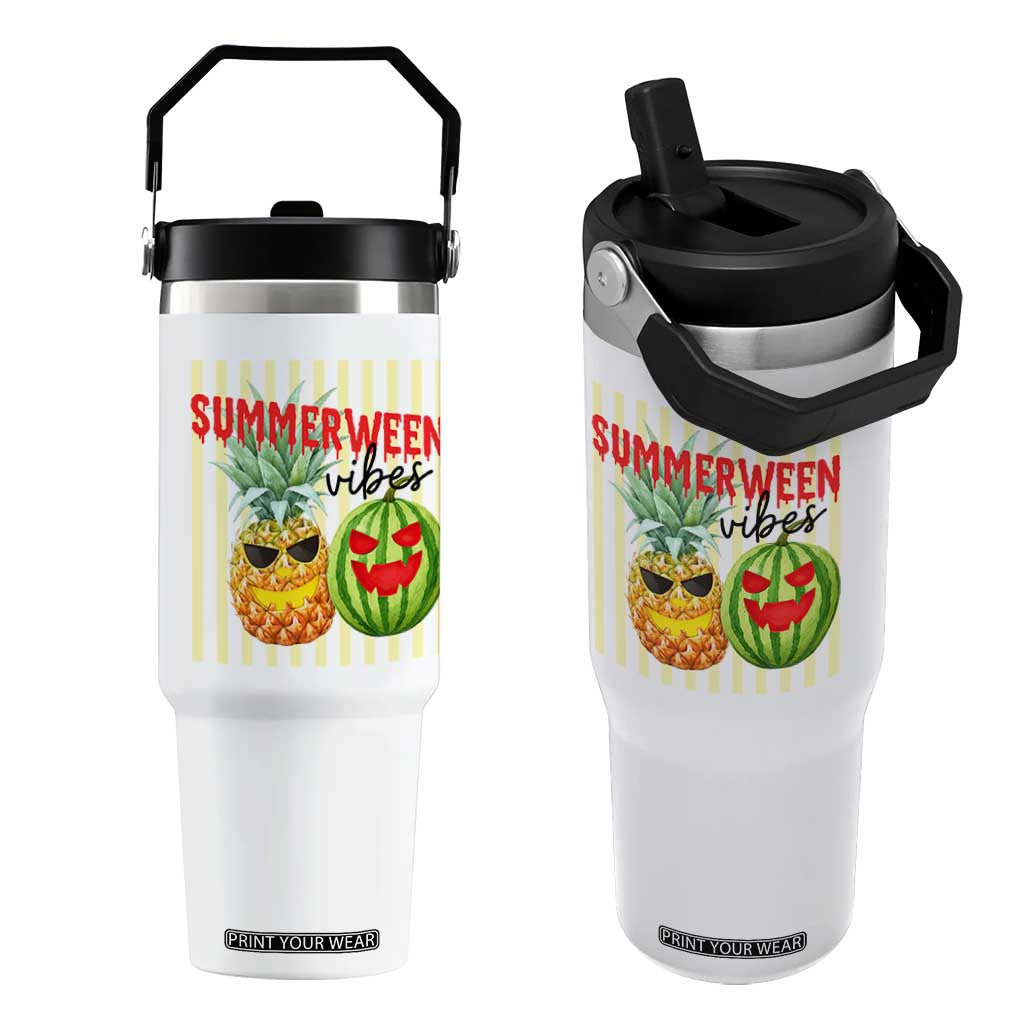 Funny Summerween Fruit Flip Straw Tumbler Spooky Pineapple Watermelon Graphic TS12 One Size: 30 oz White Print Your Wear