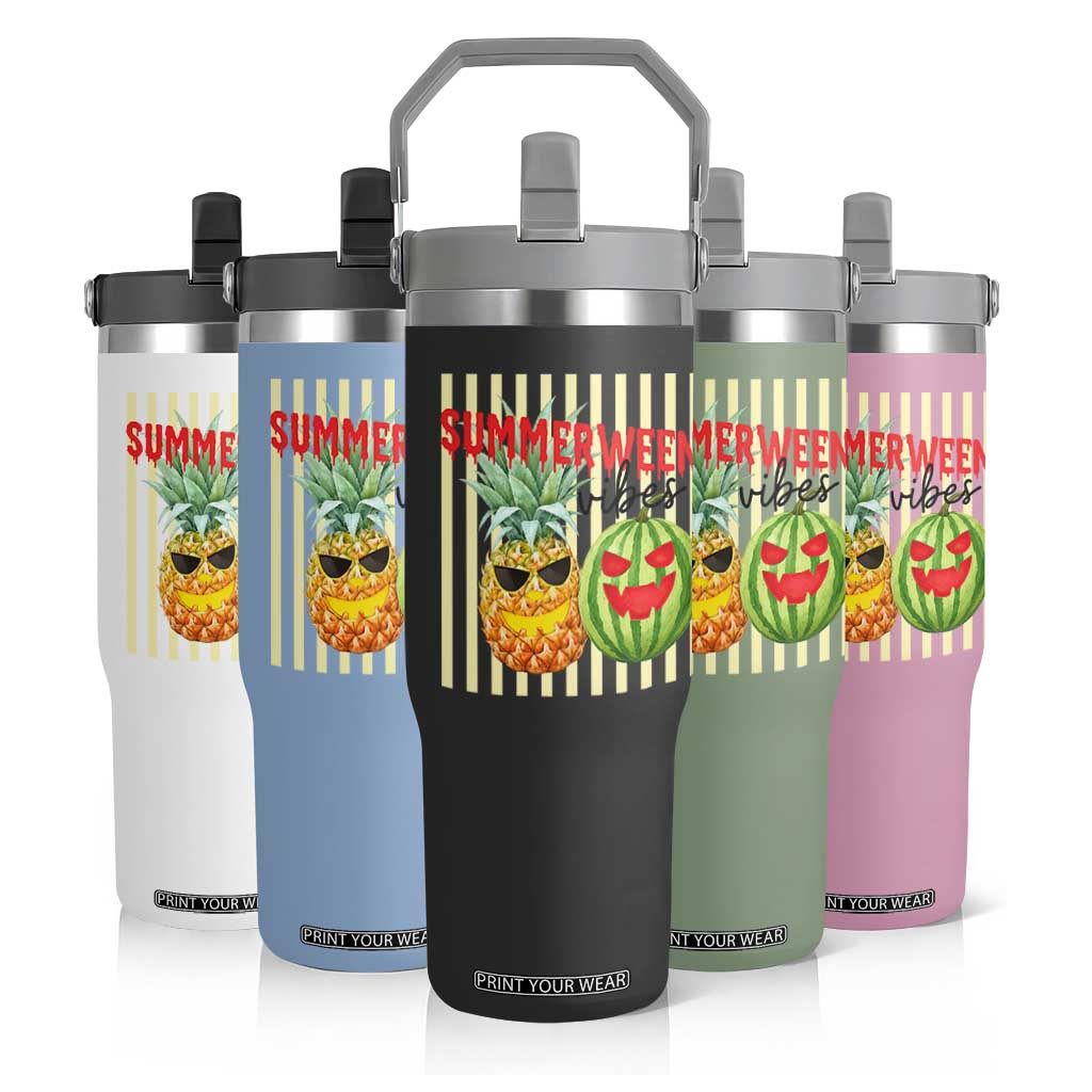 Funny Summerween Fruit Flip Straw Tumbler Spooky Pineapple Watermelon Graphic