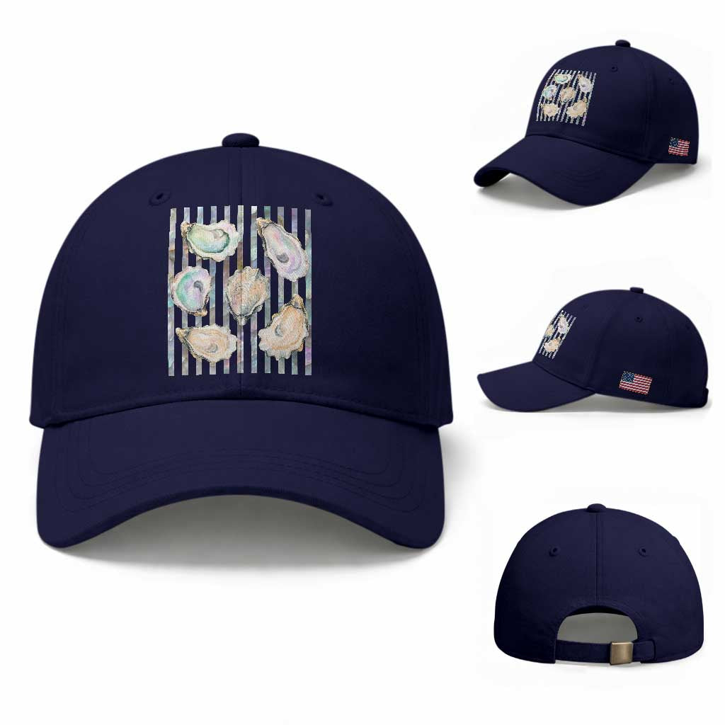 Striped Glitter Oyster Shell Baseball Cap Coastal Summer Ocean Gift