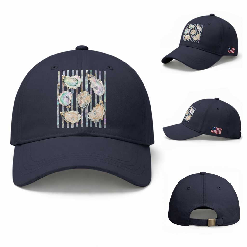 Striped Glitter Oyster Shell Baseball Cap Coastal Summer Ocean Gift