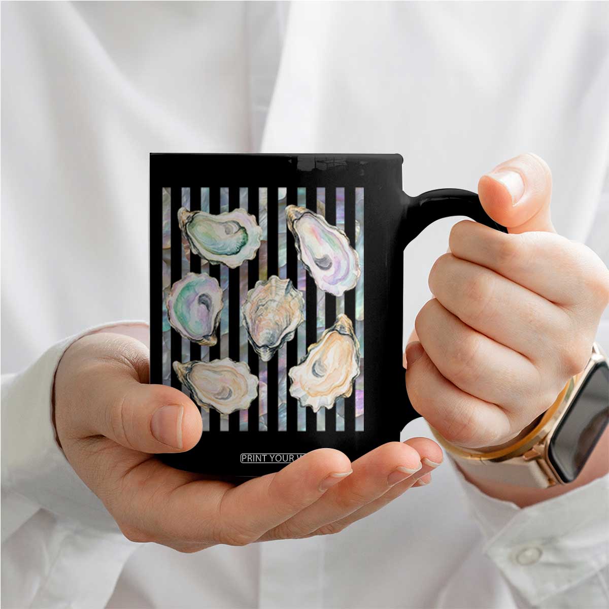 Striped Glitter Oyster Shell Coffee Mug Coastal Summer Ocean Gift