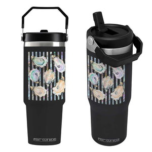 Striped Glitter Oyster Shell Flip Straw Tumbler Coastal Summer Ocean Gift