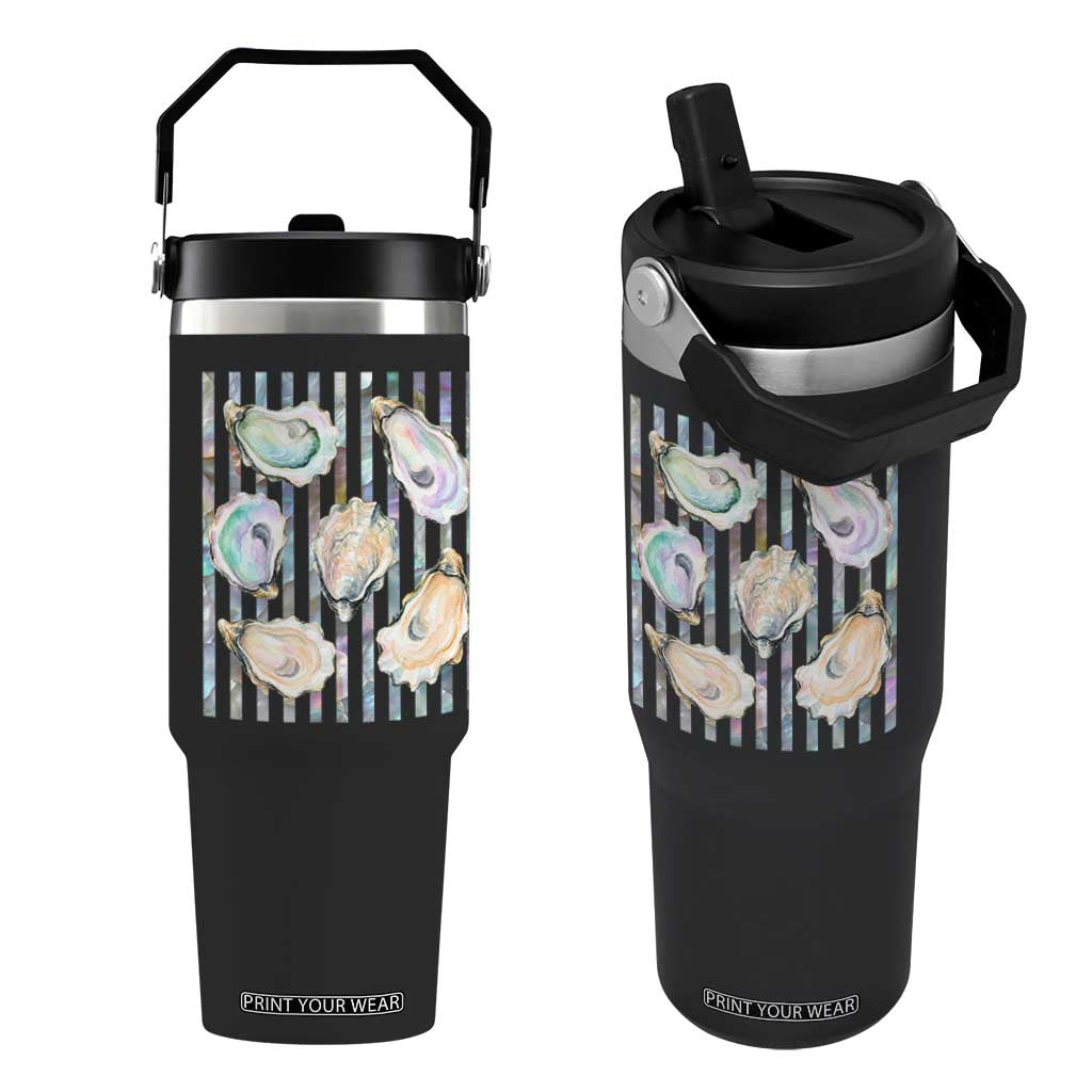Striped Glitter Oyster Shell Flip Straw Tumbler Coastal Summer Ocean Gift TS12 One Size: 30 oz Black Print Your Wear