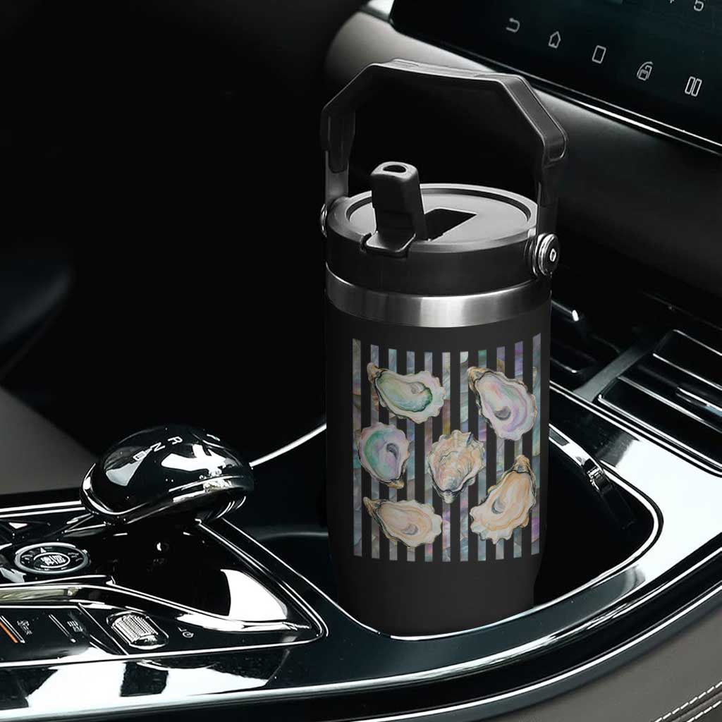 Striped Glitter Oyster Shell Flip Straw Tumbler Coastal Summer Ocean Gift