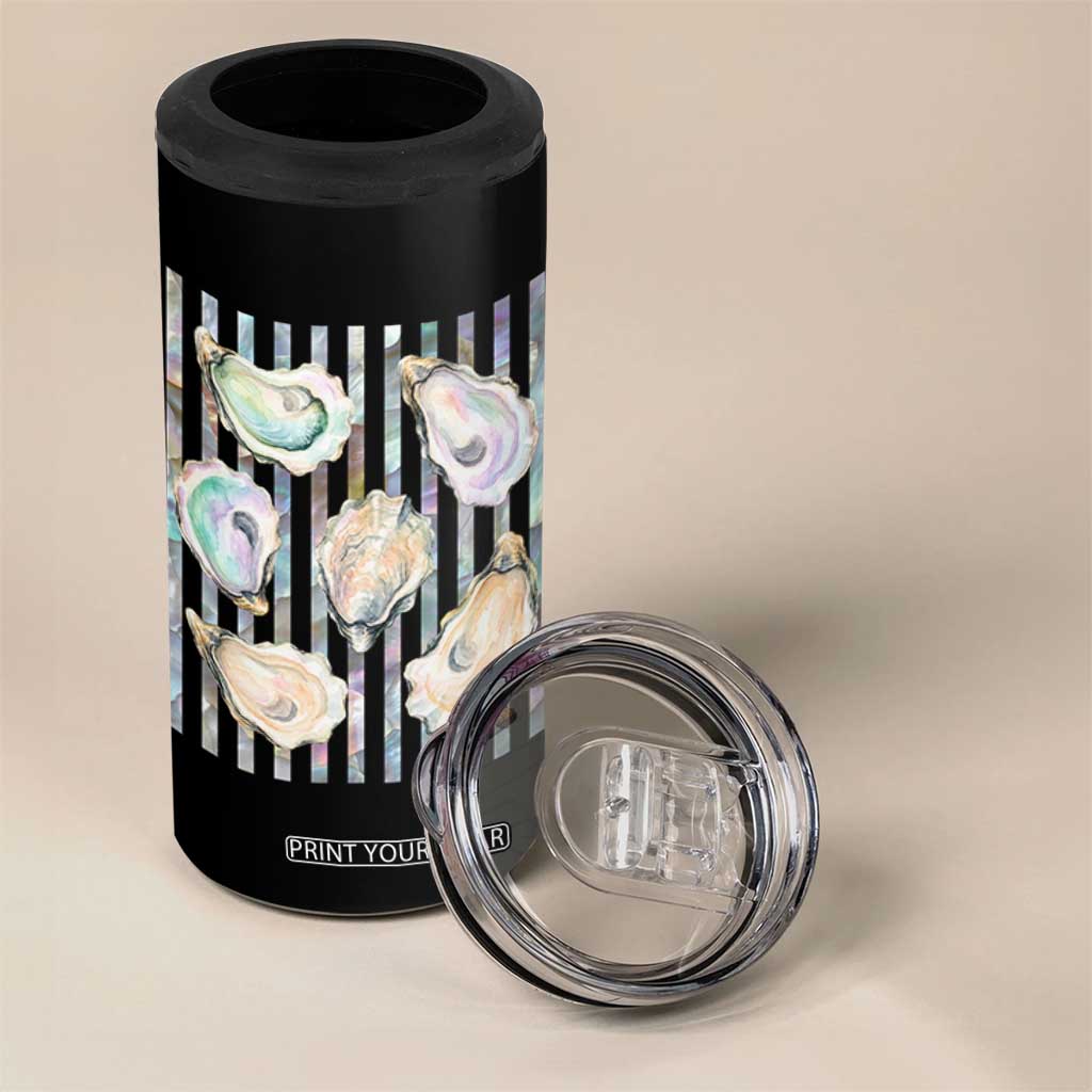 Striped Glitter Oyster Shell 4 in 1 Can Cooler Tumbler Coastal Summer Ocean Gift