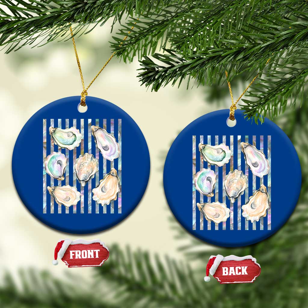 Striped Glitter Oyster Shell Ceramic Ornament Coastal Summer Ocean Gift