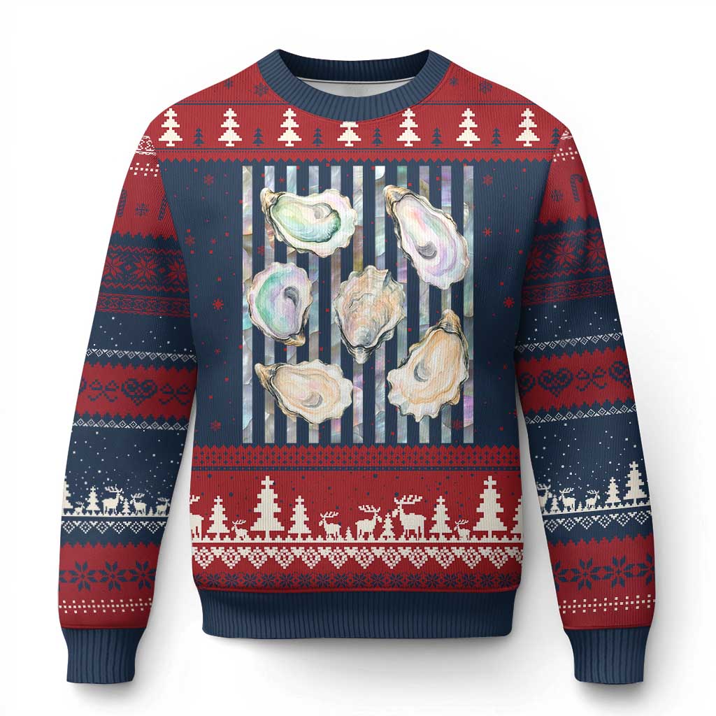 Striped Glitter Oyster Shell Ugly Christmas Sweater Coastal Summer Ocean Gift