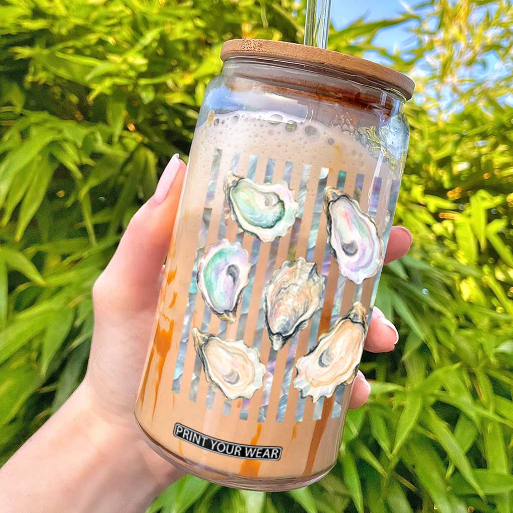 Striped Glitter Oyster Shell Glass Can Coastal Summer Ocean Gift