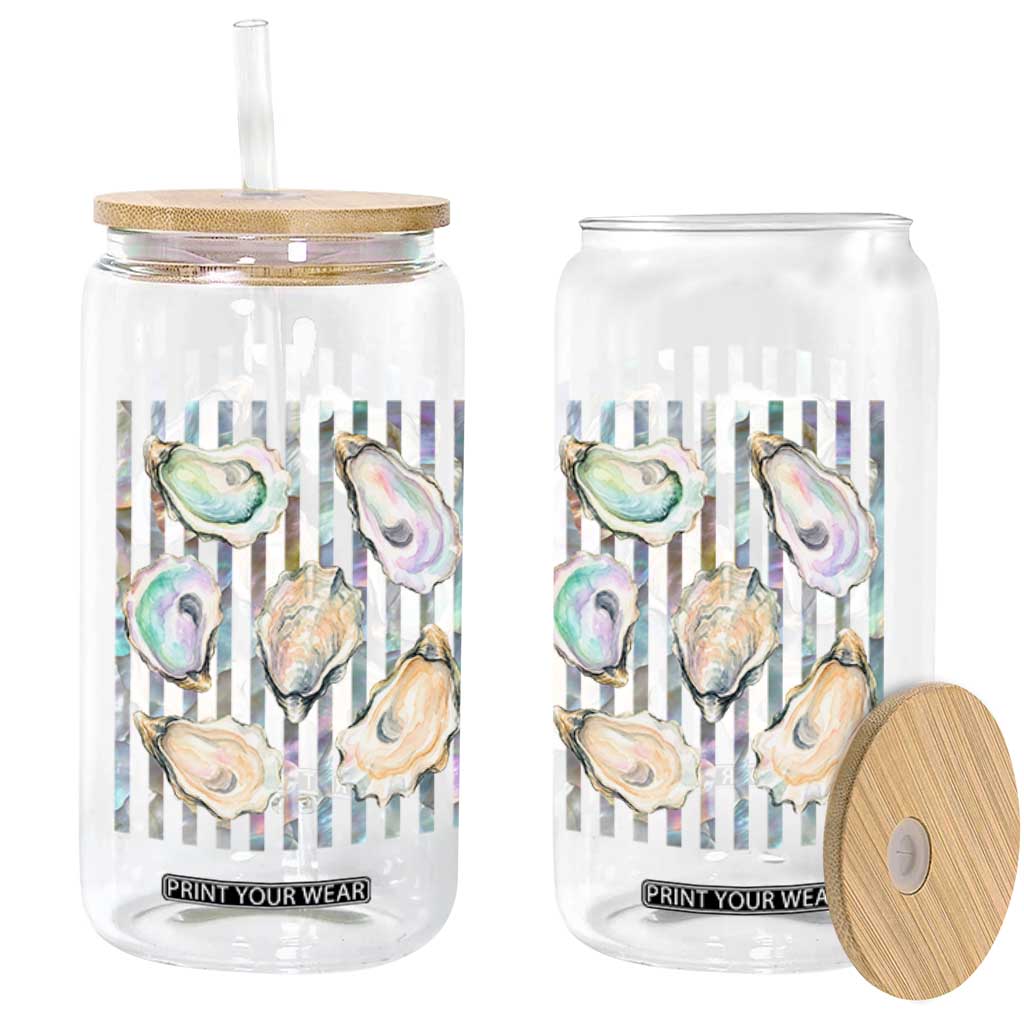 Striped Glitter Oyster Shell Glass Can Coastal Summer Ocean Gift