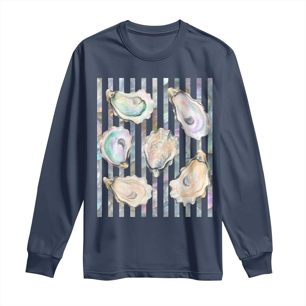Striped Glitter Oyster Shell Long Sleeve Shirt Coastal Summer Ocean Gift