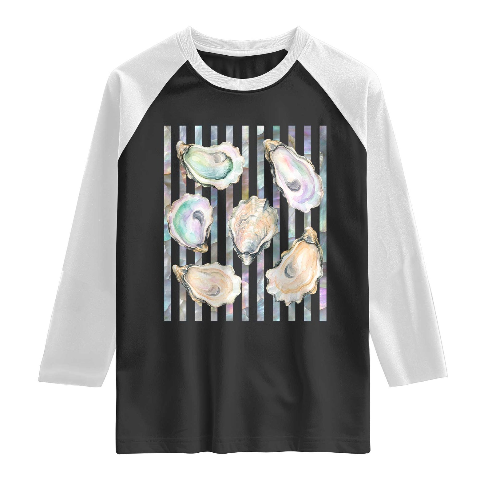 Striped Glitter Oyster Shell Raglan Shirt Coastal Summer Ocean Gift TS12 Black White Print Your Wear