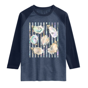 Striped Glitter Oyster Shell Raglan Shirt Coastal Summer Ocean Gift