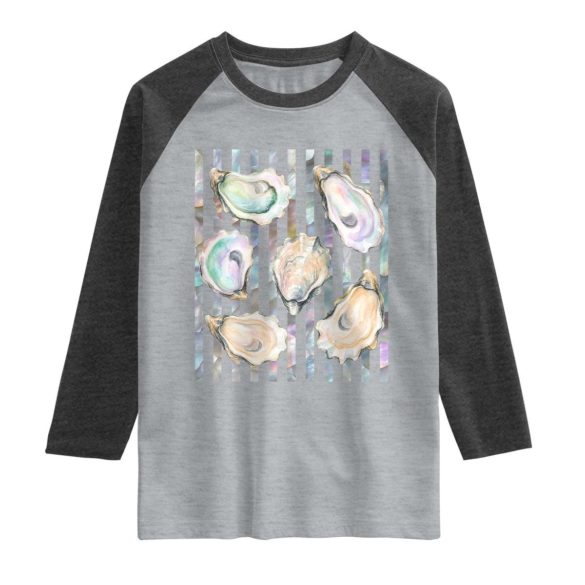 Striped Glitter Oyster Shell Raglan Shirt Coastal Summer Ocean Gift