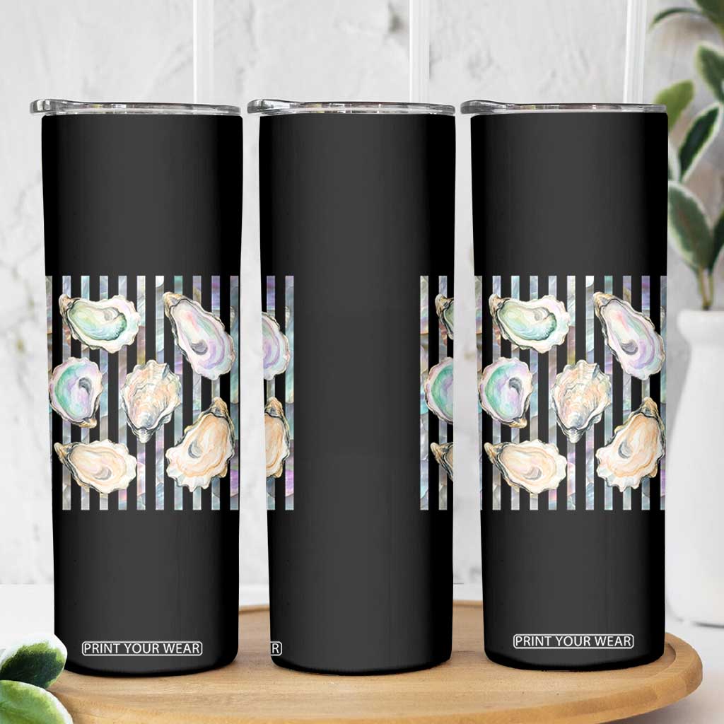 Striped Glitter Oyster Shell Skinny Tumbler Coastal Summer Ocean Gift