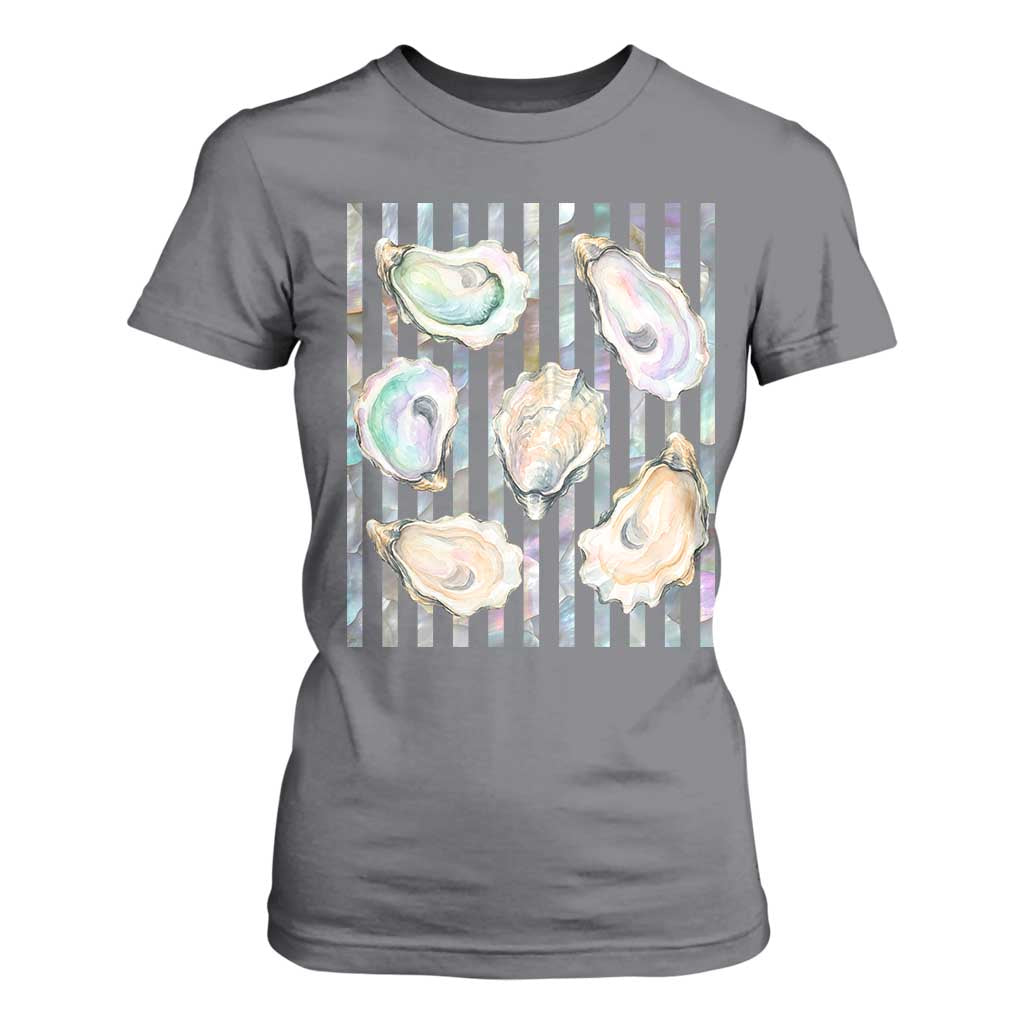 Striped Glitter Oyster Shell T Shirt For Women Coastal Summer Ocean Gift