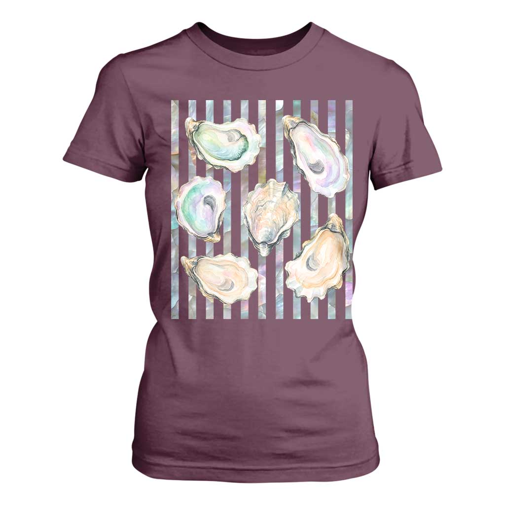 Striped Glitter Oyster Shell T Shirt For Women Coastal Summer Ocean Gift