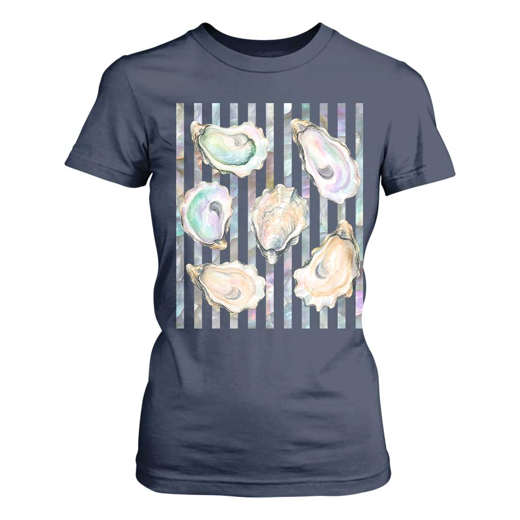 Striped Glitter Oyster Shell T Shirt For Women Coastal Summer Ocean Gift