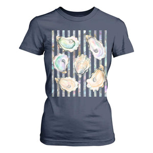 Striped Glitter Oyster Shell T Shirt For Women Coastal Summer Ocean Gift