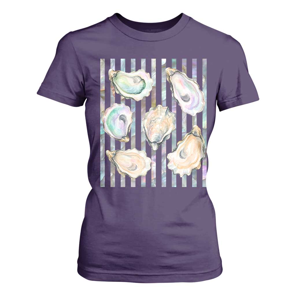 Striped Glitter Oyster Shell T Shirt For Women Coastal Summer Ocean Gift