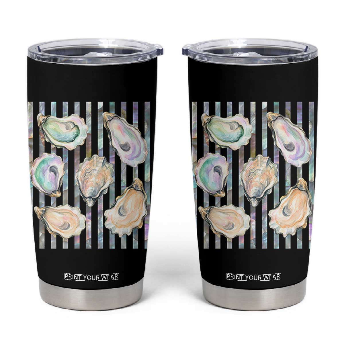 Striped Glitter Oyster Shell Tumbler Cup Coastal Summer Ocean Gift TS12 Black Print Your Wear