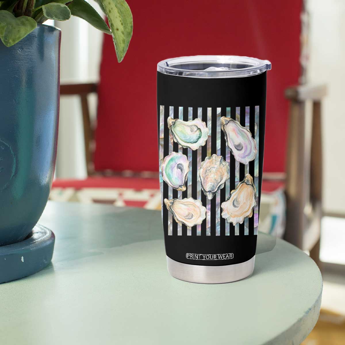 Striped Glitter Oyster Shell Tumbler Cup Coastal Summer Ocean Gift