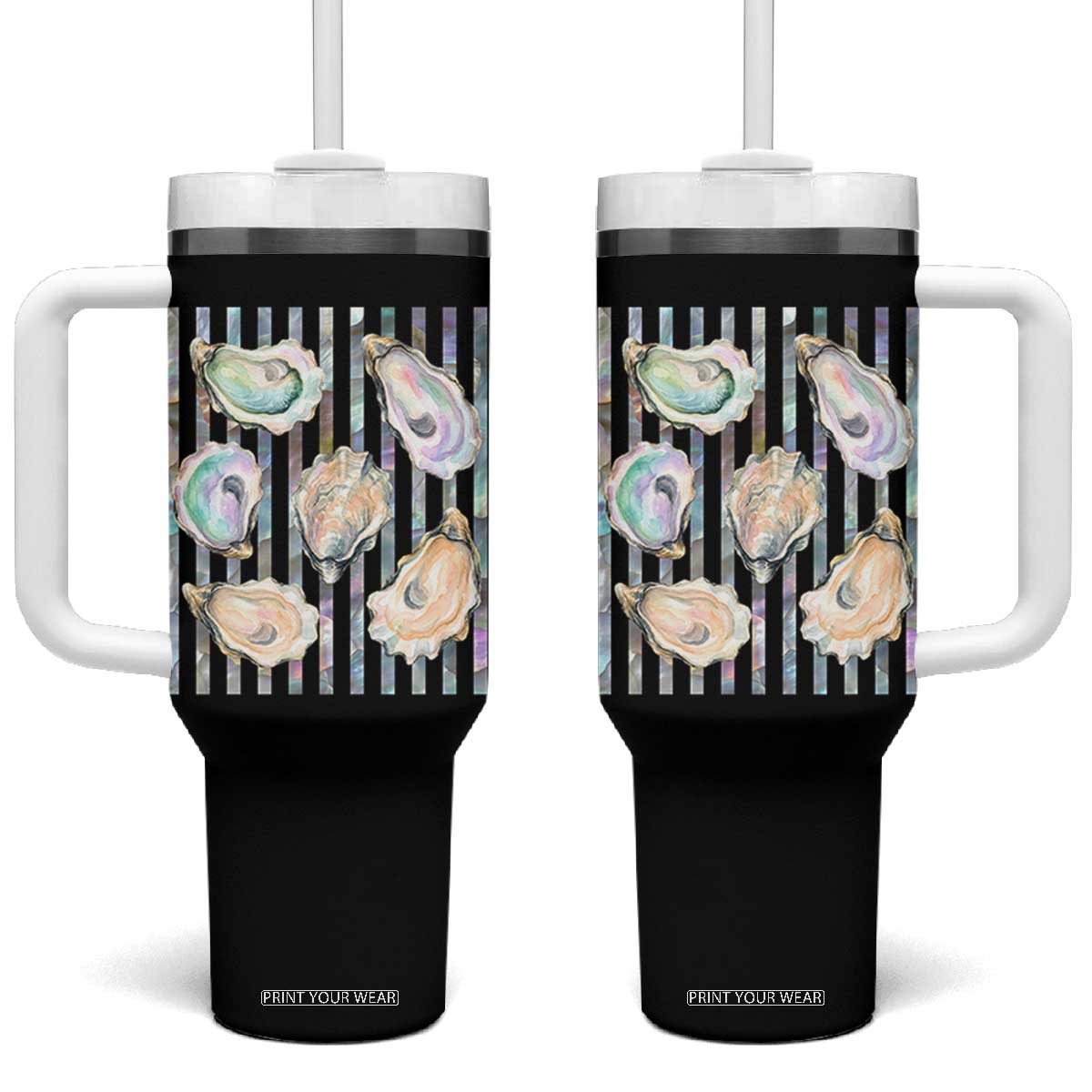 Striped Glitter Oyster Shell Tumbler With Handle Coastal Summer Ocean Gift