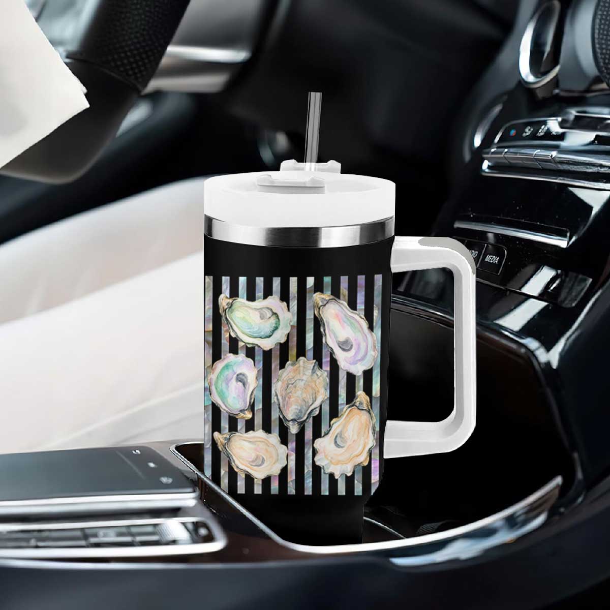 Striped Glitter Oyster Shell Tumbler With Handle Coastal Summer Ocean Gift