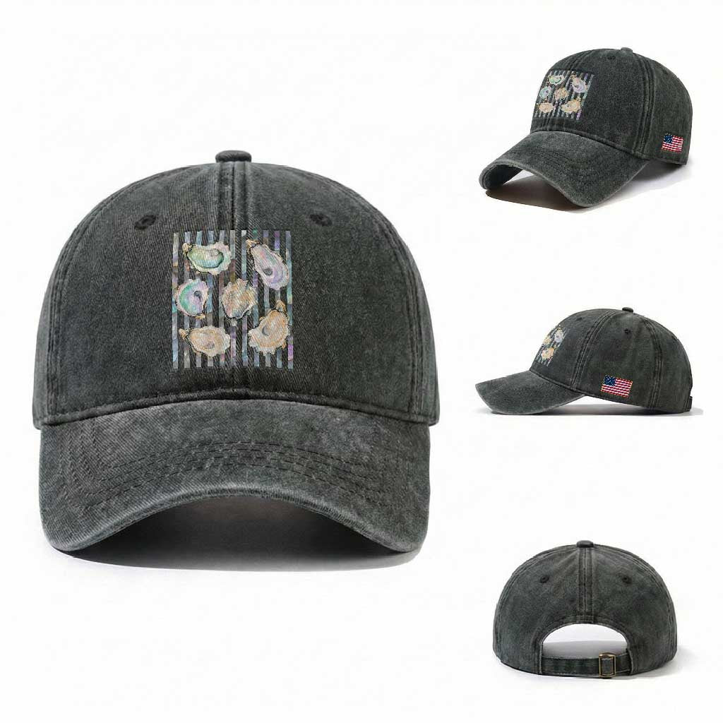 Striped Glitter Oyster Shell Washed Cotton Baseball Cap Coastal Summer Ocean Gift
