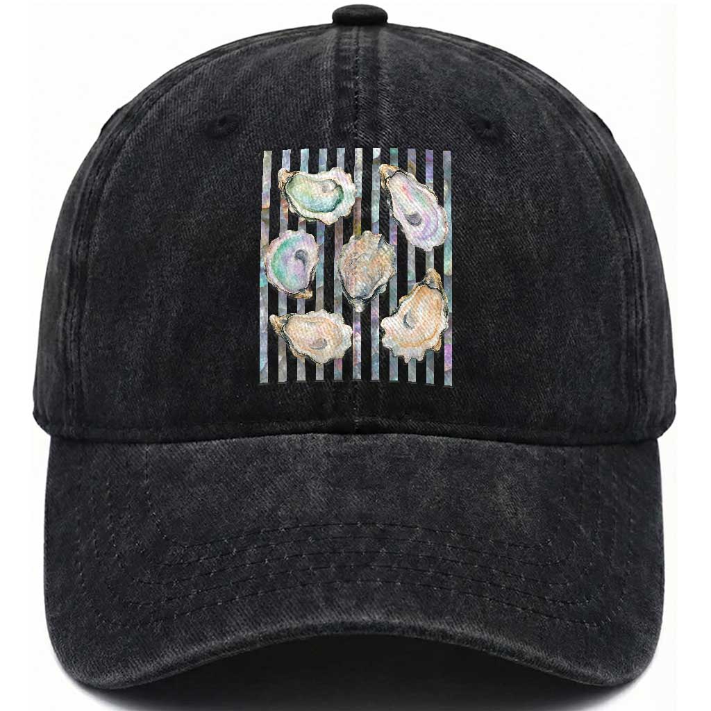 Striped Glitter Oyster Shell Washed Cotton Baseball Cap Coastal Summer Ocean Gift TS12 Print Your Wear
