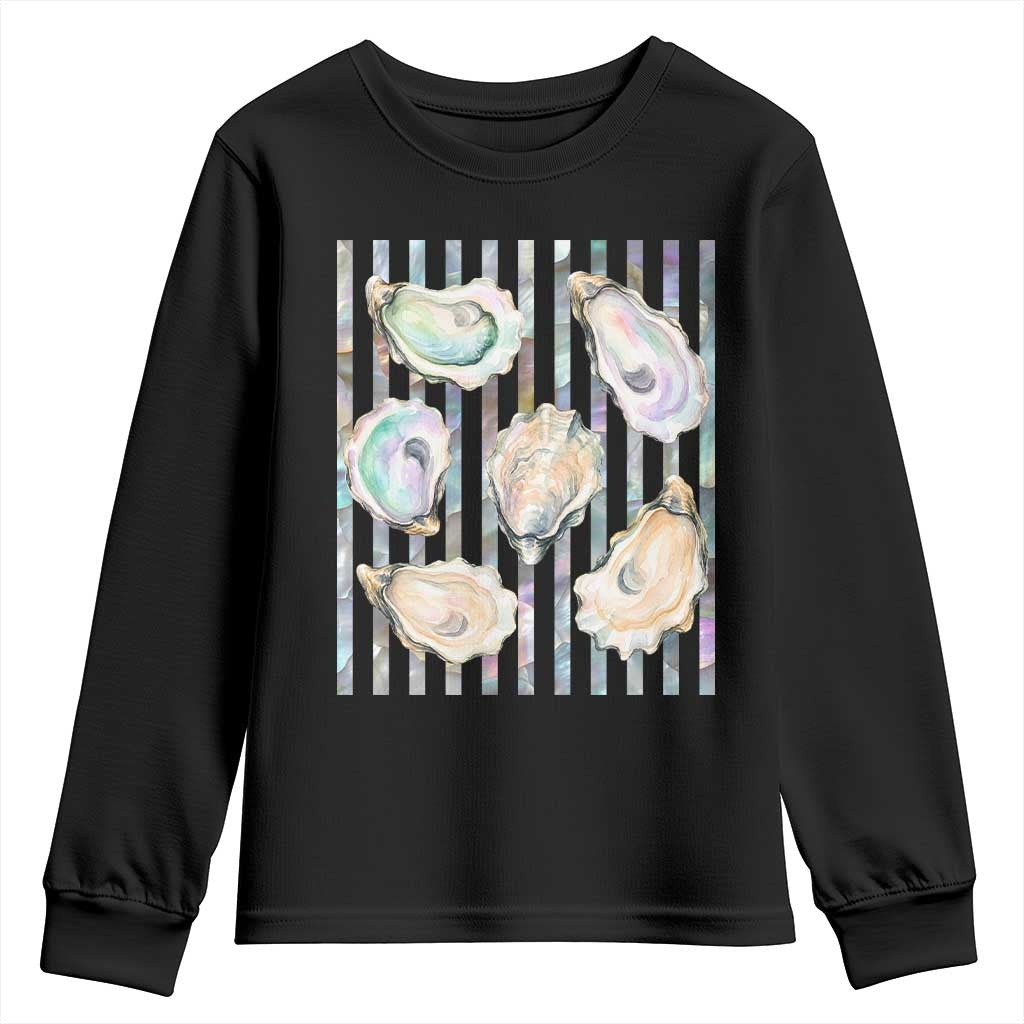 Striped Glitter Oyster Shell Youth Sweatshirt Coastal Summer Ocean Gift TS12 Black Print Your Wear