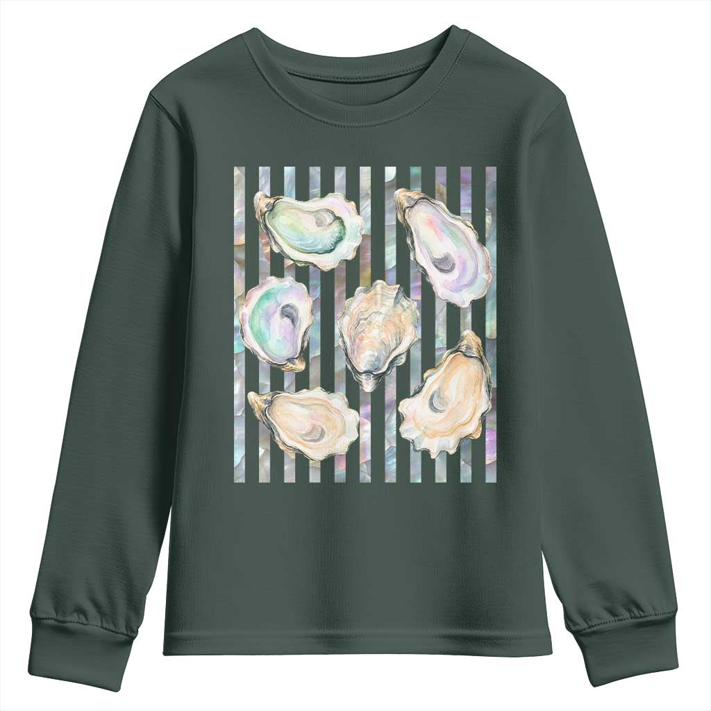 Striped Glitter Oyster Shell Youth Sweatshirt Coastal Summer Ocean Gift