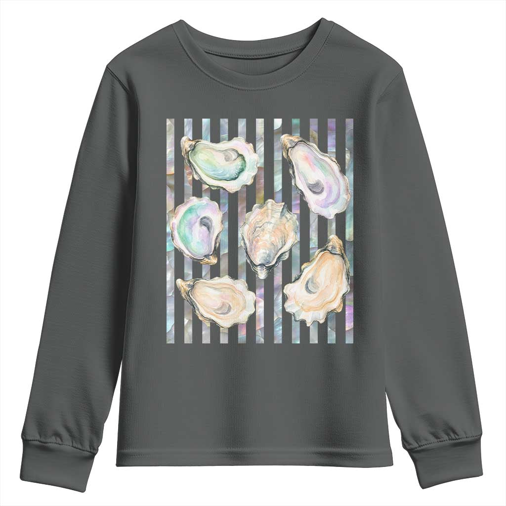 Striped Glitter Oyster Shell Youth Sweatshirt Coastal Summer Ocean Gift