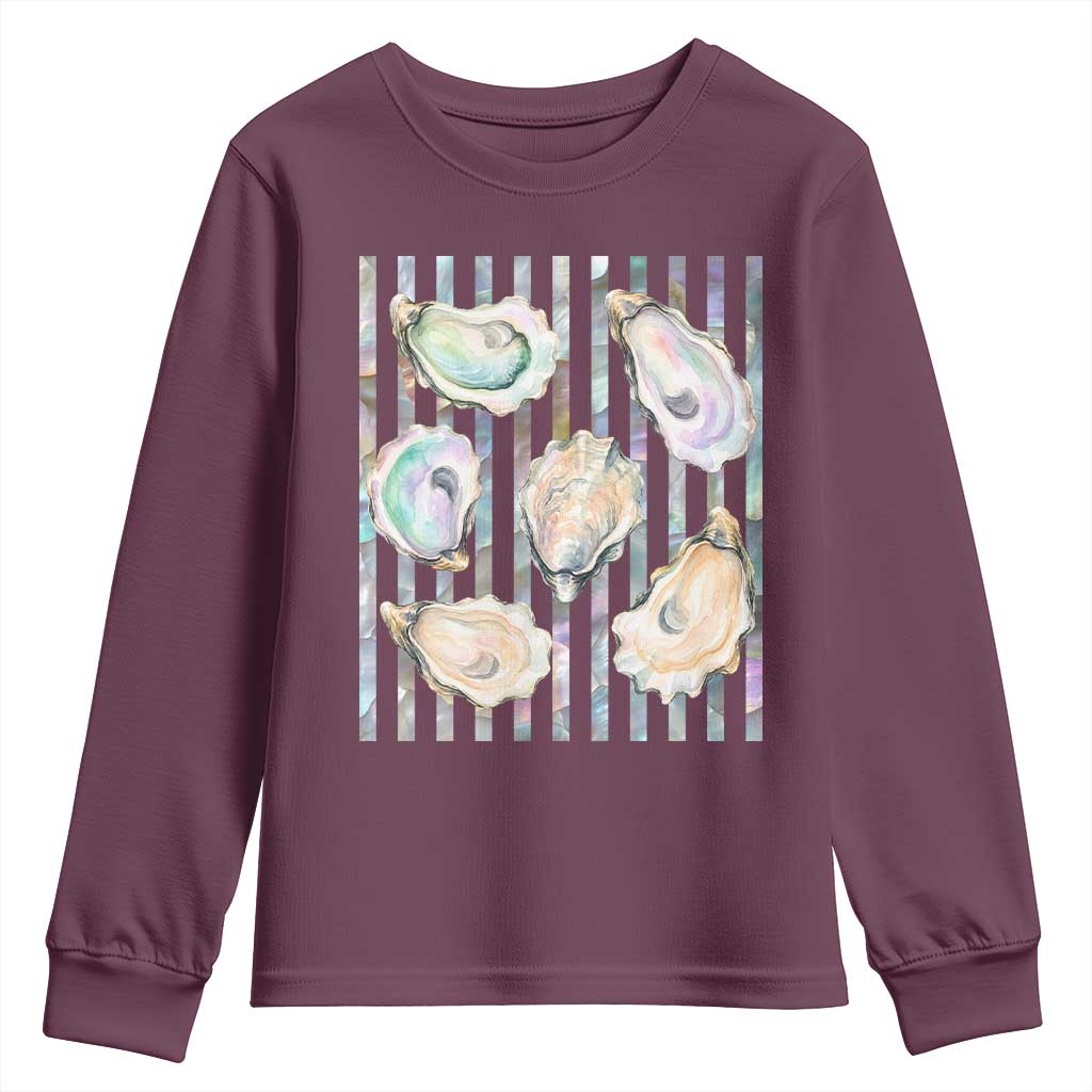 Striped Glitter Oyster Shell Youth Sweatshirt Coastal Summer Ocean Gift