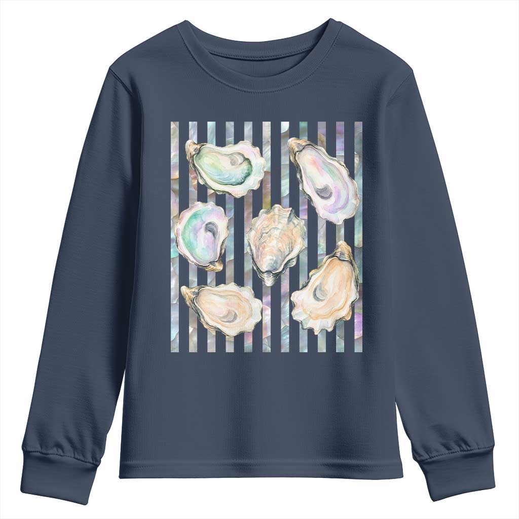 Striped Glitter Oyster Shell Youth Sweatshirt Coastal Summer Ocean Gift