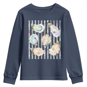 Striped Glitter Oyster Shell Youth Sweatshirt Coastal Summer Ocean Gift