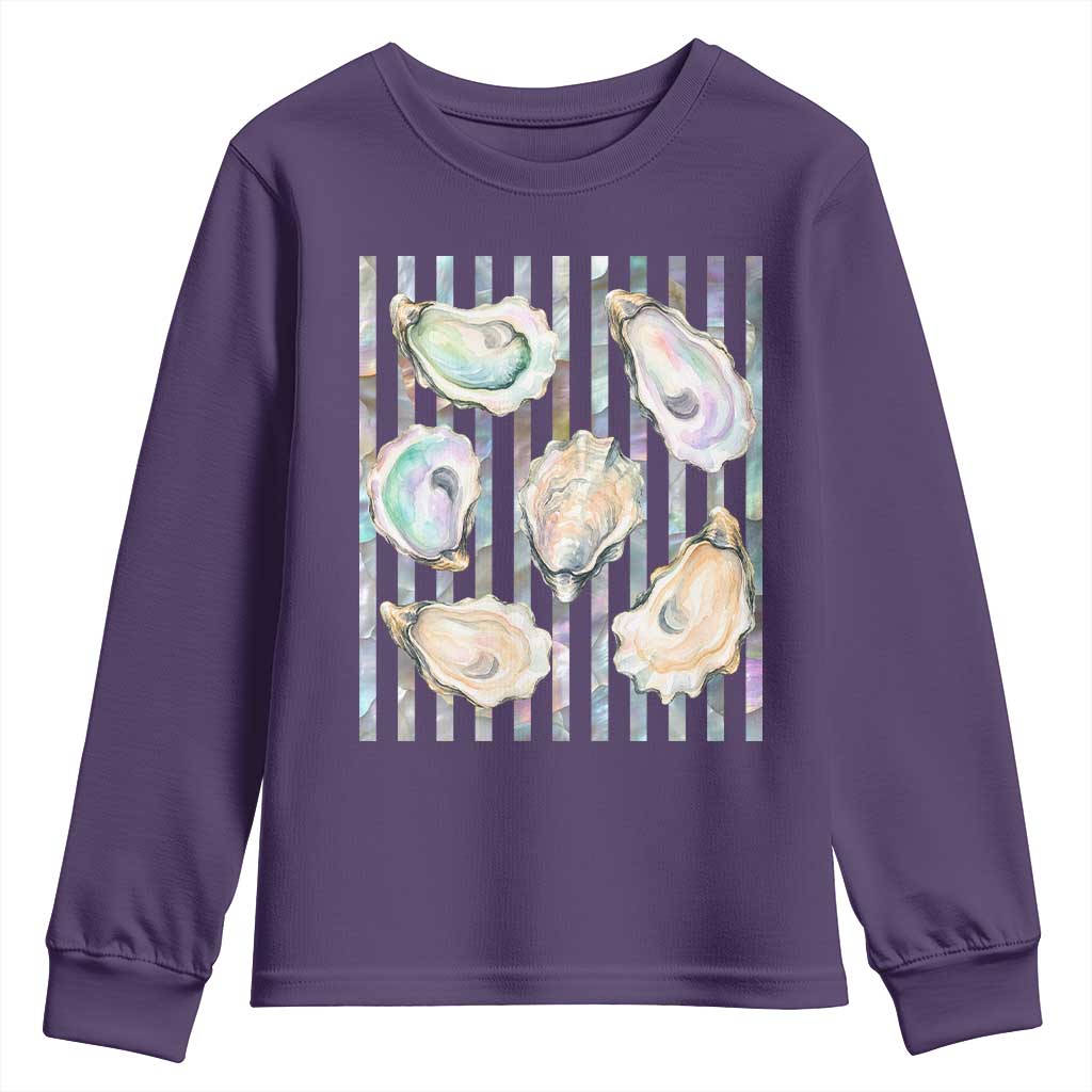 Striped Glitter Oyster Shell Youth Sweatshirt Coastal Summer Ocean Gift