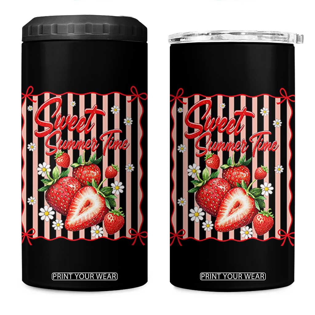 Striped Summer Strawberry 4 in 1 Can Cooler Tumbler Preppy Beach Vibes Graphic
