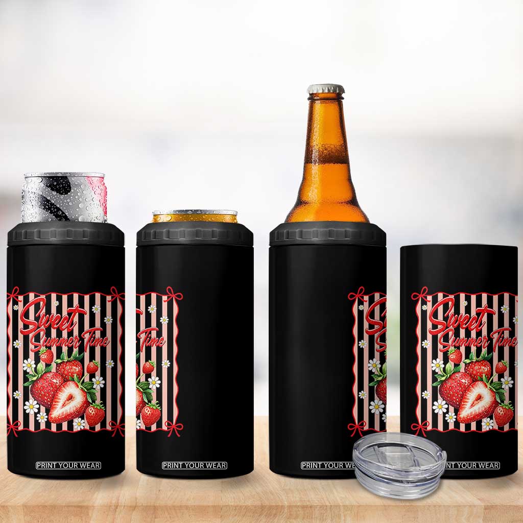 Striped Summer Strawberry 4 in 1 Can Cooler Tumbler Preppy Beach Vibes Graphic